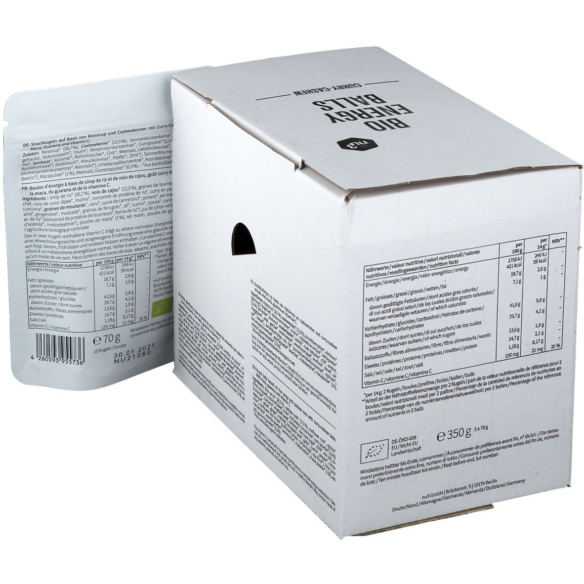 Emballage en carton ouvert avec sachet. Impressions avec informations nutritionnelles et ingrédients. Sachet avec informations sur le produit.