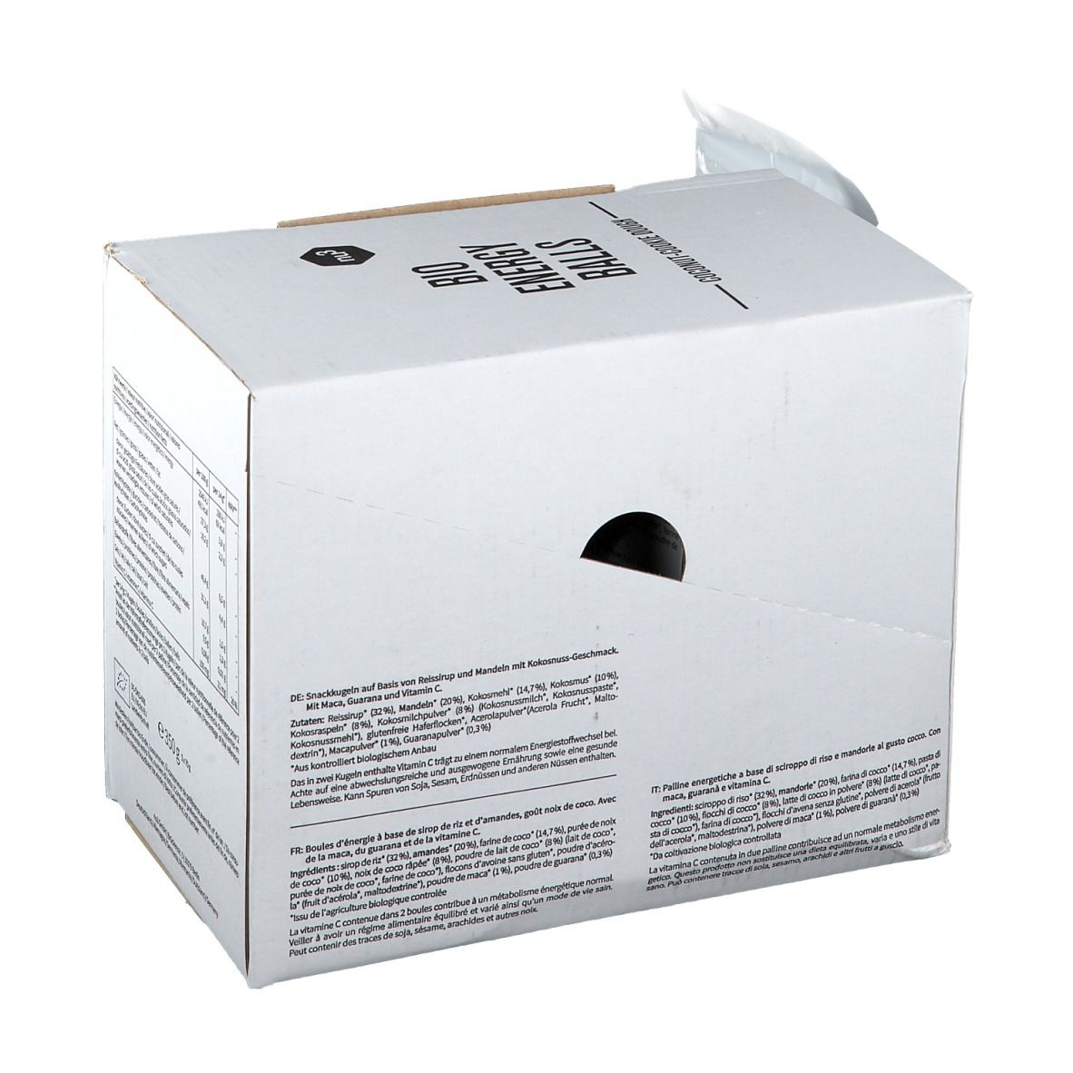 Emballage en carton avec inscription "BIO ENERGY BALLS". Dos avec texte et informations nutritionnelles. Inscriptions : "Coconut-Cookie Dough", "Maca, Guarana & Vitamin C".