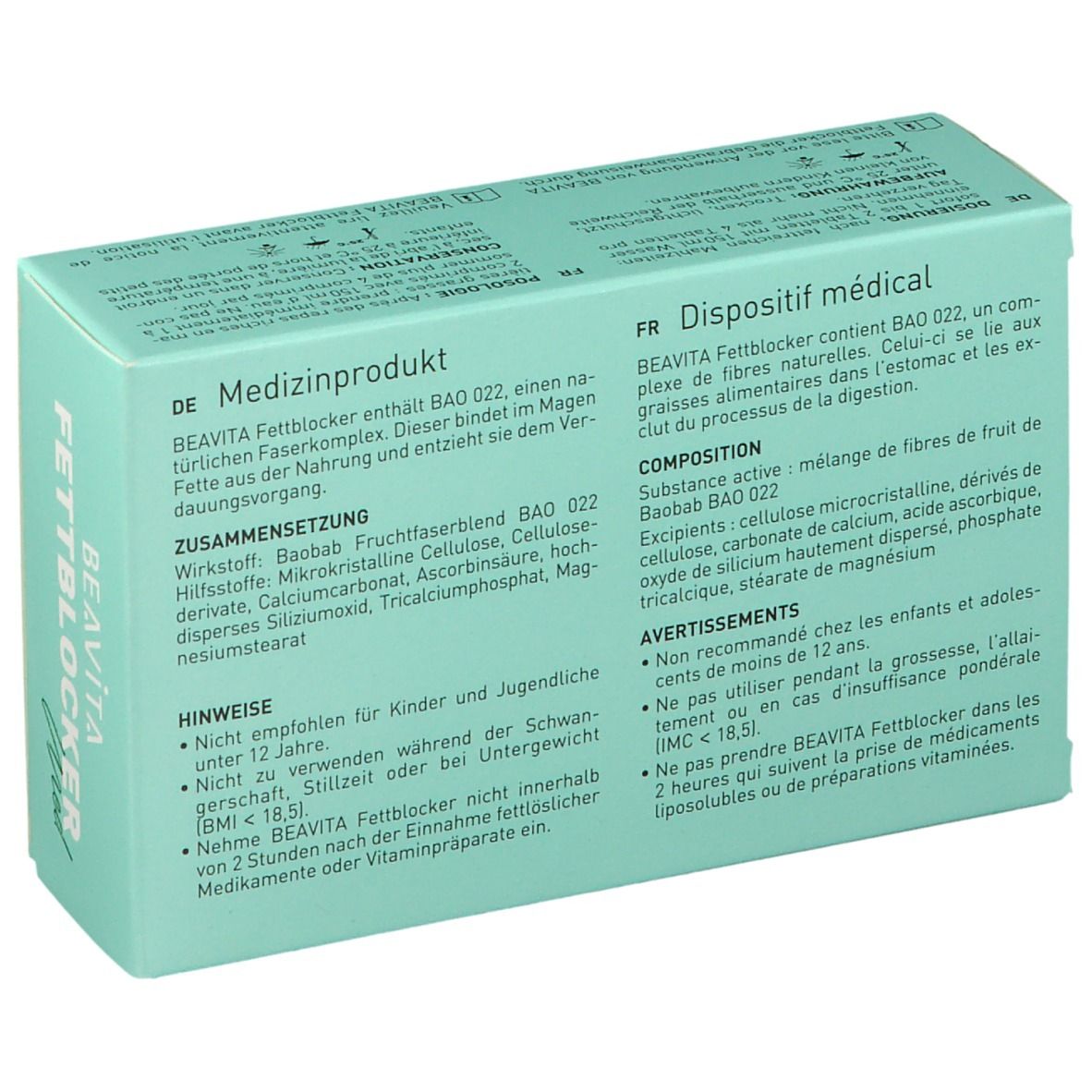Boîte de BEAVITA Fettblocker. Emballage vert et blanc avec informations produit et nom de la marque. Texte en allemand et français.