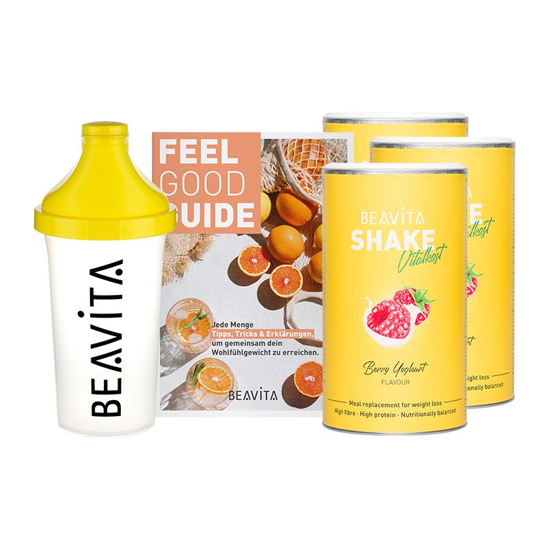 BEAVITA Shake Vitalboost, Himbeere-Joghurt, avec shaker et guide. Boîte, shaker et brochure. Jaune et blanc. Texte: Feel Good Guide.
