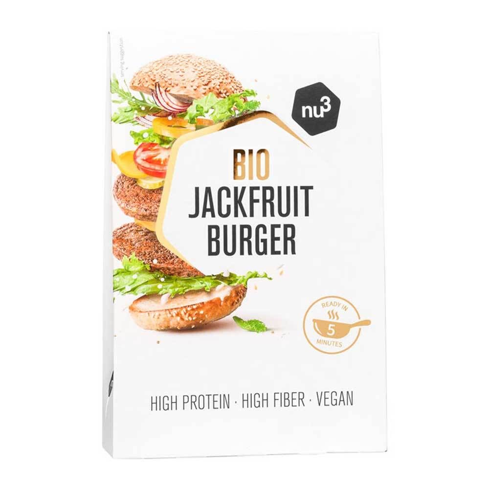 Emballage de nu3 Bio Jackfruit Burger. Contient du texte : Bio Jackfruit Burger, High Protein, High Fiber, Vegan.
