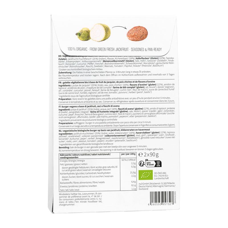 Dos de l'emballage de nu3 Bio Jackfruit Burger. Contient des informations nutritionnelles et une liste d'ingrédients.
