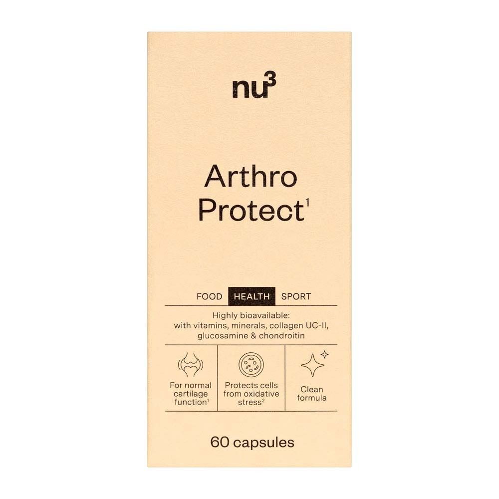 Emballage en carton beige. Inscription : nu3, Arthro Protect, 60 gélules. FOOD, HEALTH, SPORT. Illustrations : fonction cartilagineuse, stress oxydatif, formule pure.