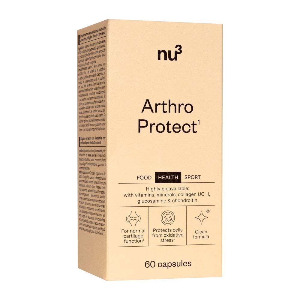 Emballage en carton beige. Inscription : nu3, Arthro Protect, 60 gélules. FOOD, HEALTH, SPORT. Illustrations : fonction cartilagineuse, stress oxydatif, formule pure.