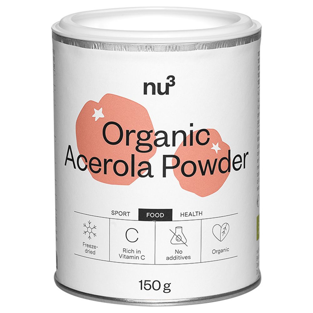 Boîte blanche nu3 Organic Acerola Powder. 150g. Logos Sport, Food, Health. Lyophilisé, Vitamine C, sans additifs, Organic.