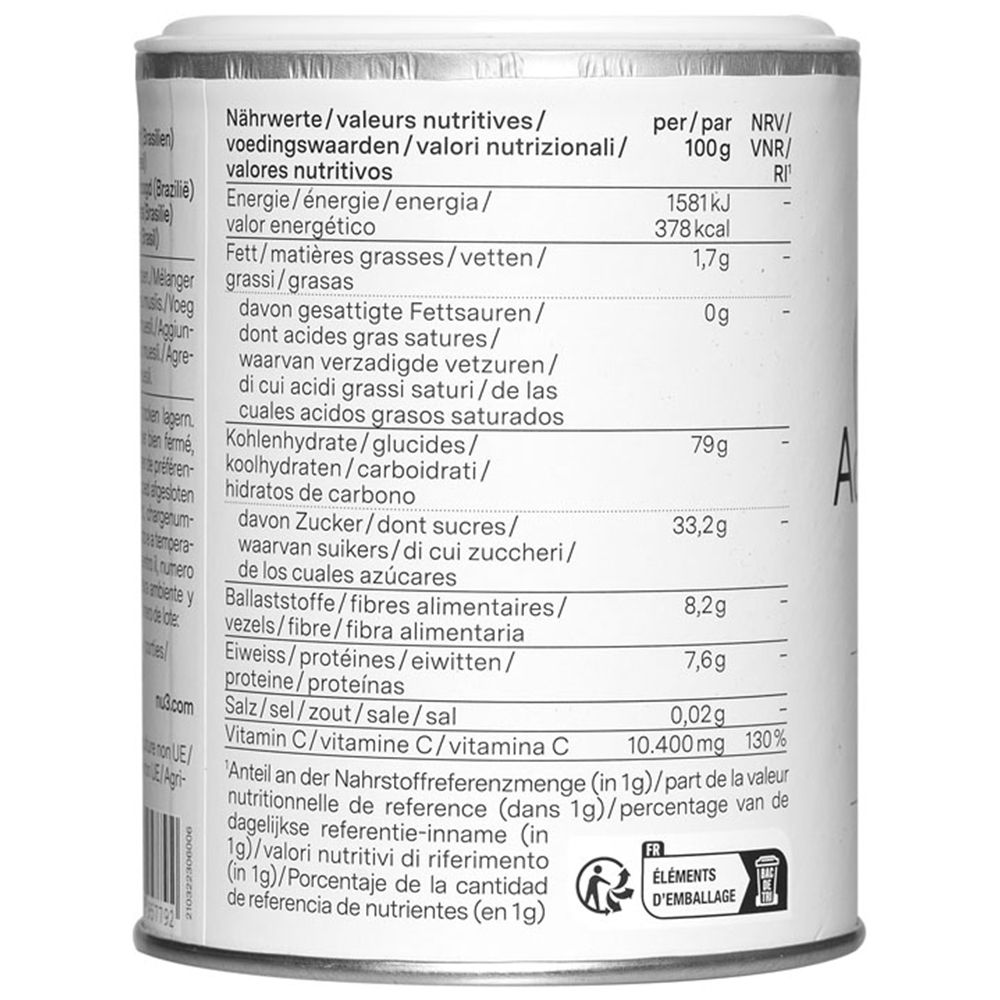 Dos de la boîte avec informations nutritionnelles. Contient énergie, matières grasses, glucides, sucres, fibres, protéines, sel et vitamine C.