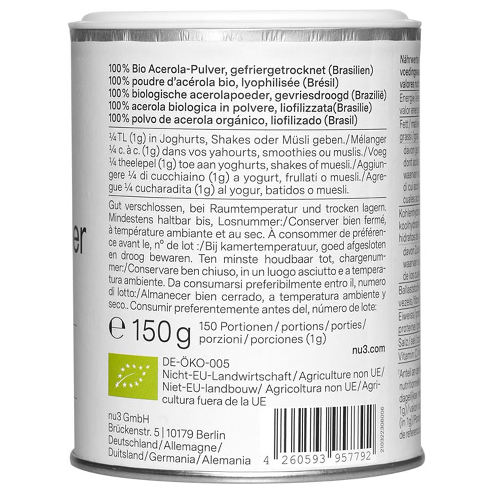 Dos de la boîte avec liste d'ingrédients et instructions. Contient poudre d'acérola bio, 150g. Avec logo bio UE.