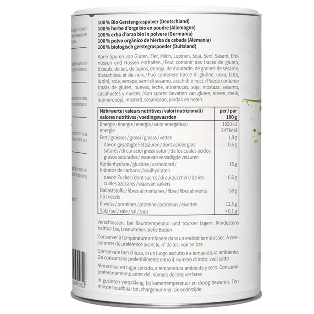 Boîte de nu3 Bio Gerstengras Pulver. Dos avec informations nutritionnelles et ingrédients en plusieurs langues. Texte en allemand, anglais, français, italien.