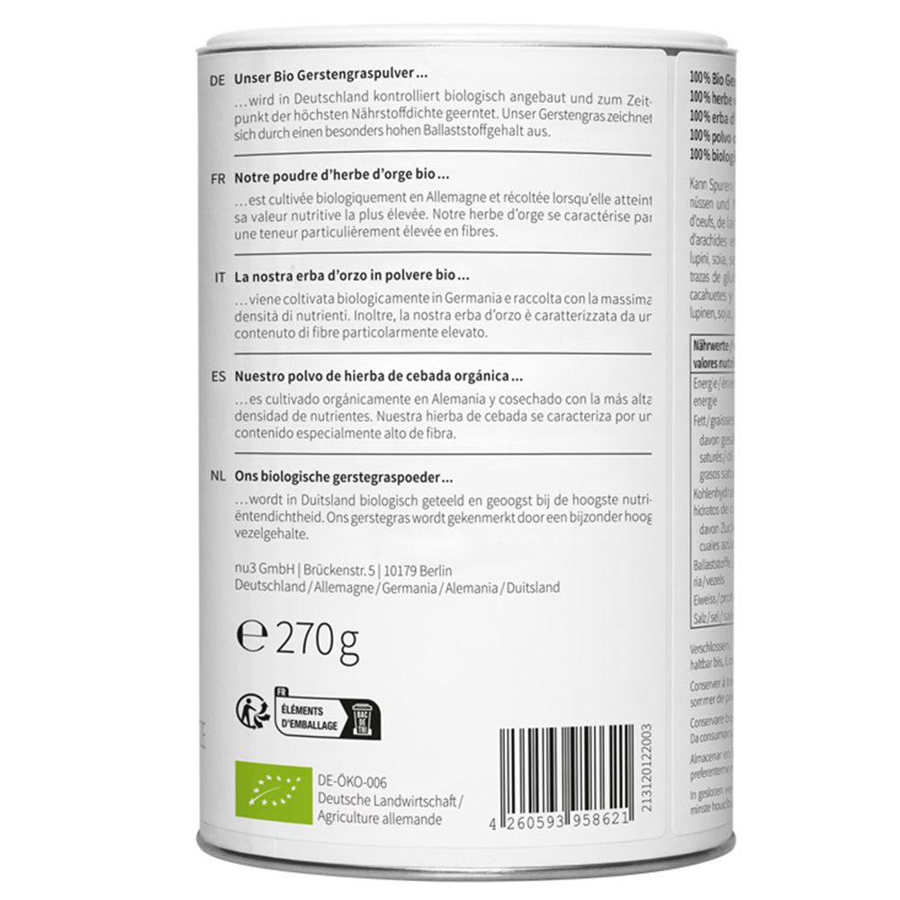 Boîte de nu3 Bio Gerstengras Pulver. Côté avec texte en allemand, français, italien et néerlandais. Contient des informations sur l'origine et la certification.