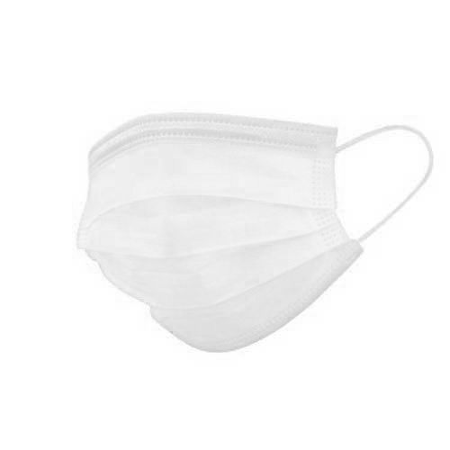 Masque facial blanc à trois couches avec boucles d'oreille. Le masque est plié et de forme rectangulaire.