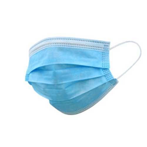 Masque facial jetable bleu clair à trois couches avec boucles d'oreille blanches. Le masque est plié et de forme rectangulaire.