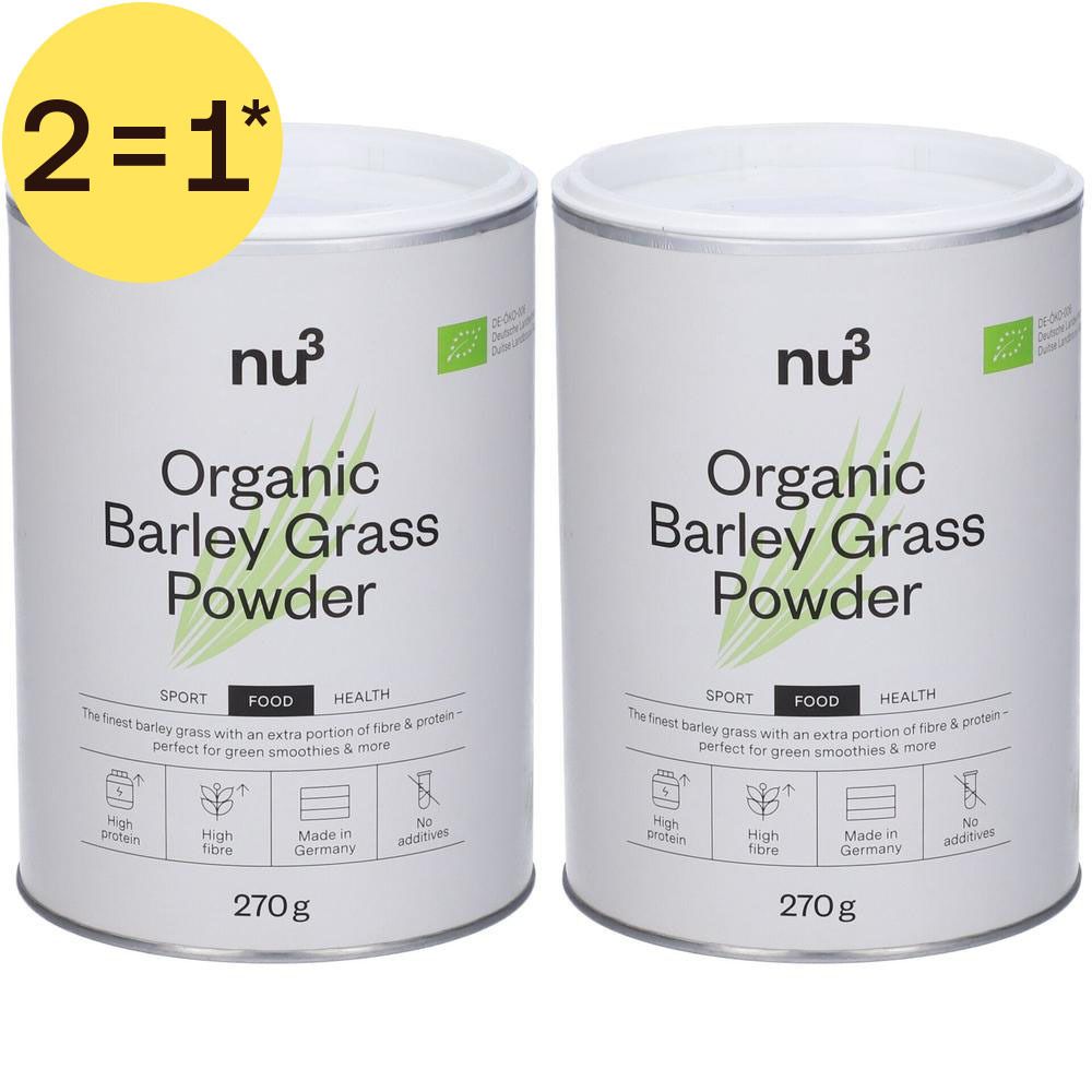Deux boîtes de poudre d'herbe d'orge bio nu3, 270g, avec autocollant jaune '2=1*'.