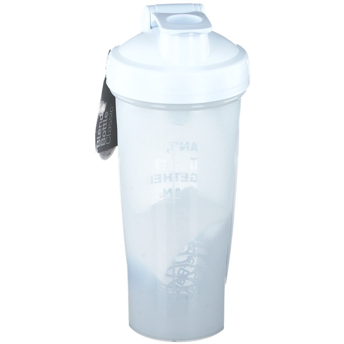 Shaker blanc avec couvercle et fermeture à rabat. Inscription sur le récipient du shaker. Étiquette avec texte.