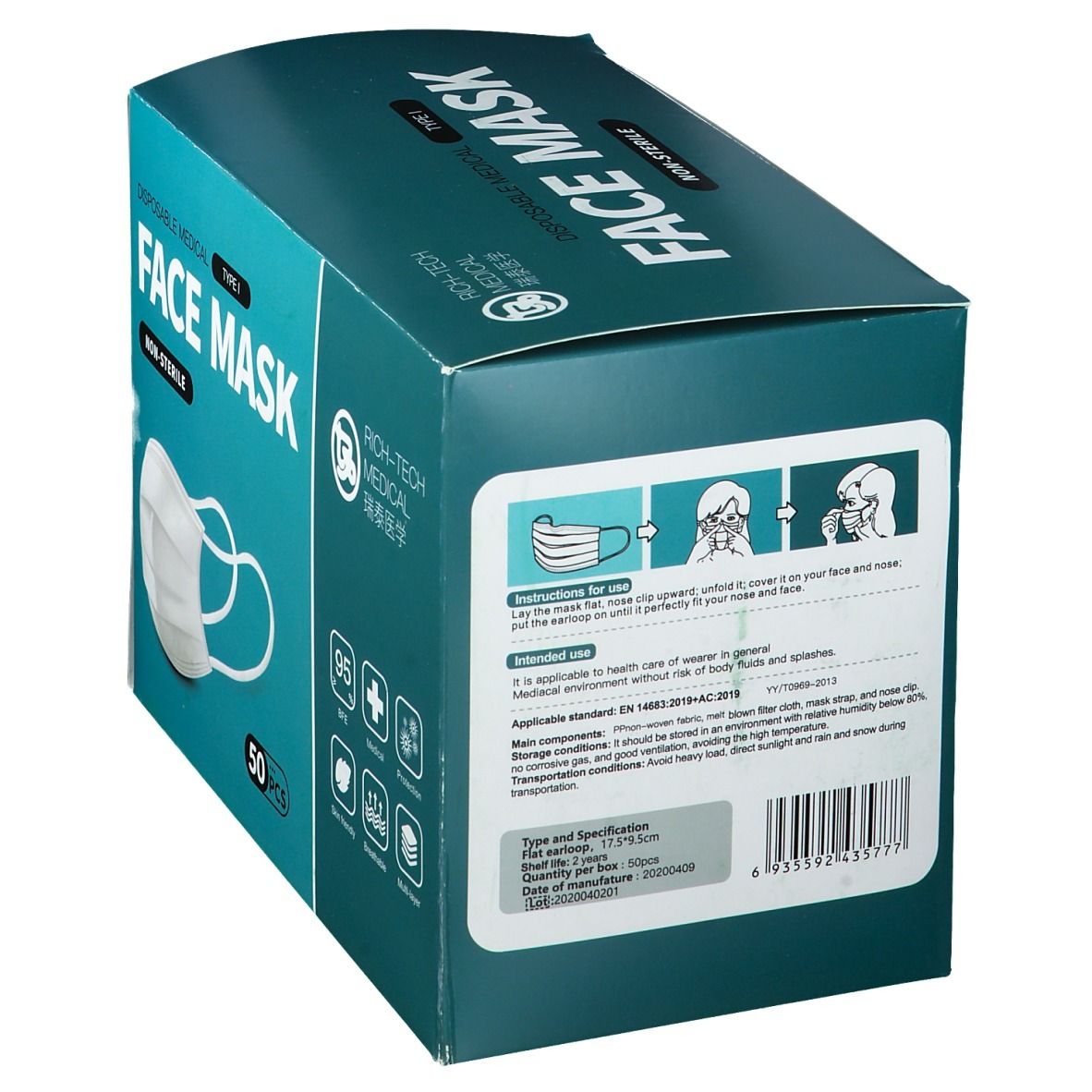 Boîte de masques faciaux. Inscription : FACE MASK, NON-STERILE. Marque : RICH-TECH MEDICAL. 50 pièces. Dispositif médical. Mode d'emploi.