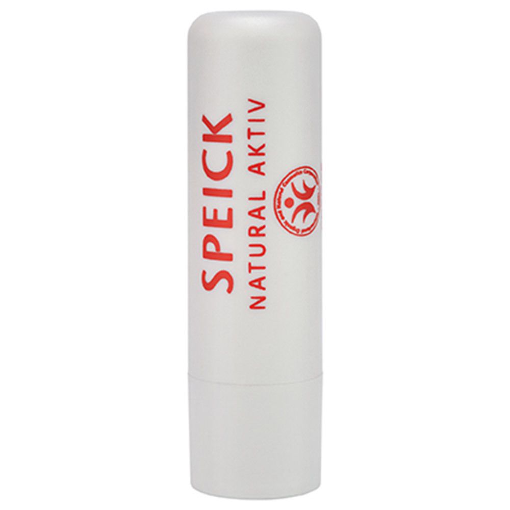 Stick de soin des lèvres blanc avec logo et texte rouges. Nom du produit: SPEICK NATURAL AKTIV. Forme ronde.