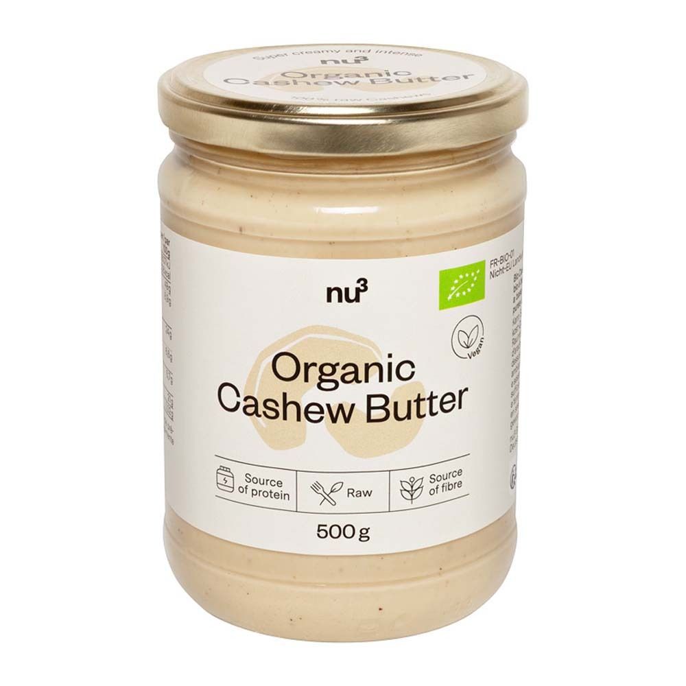 Pot de beurre de cajou bio nu3. Inscription : Organic Cashew Butter, 500g, source de protéines et de fibres.