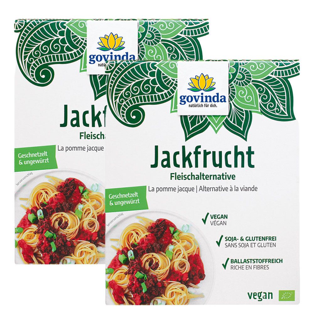 Deux boîtes de jackfruit Govinda. Végétalien, sans gluten, riche en fibres. Image du produit avec des pâtes et de la sauce.