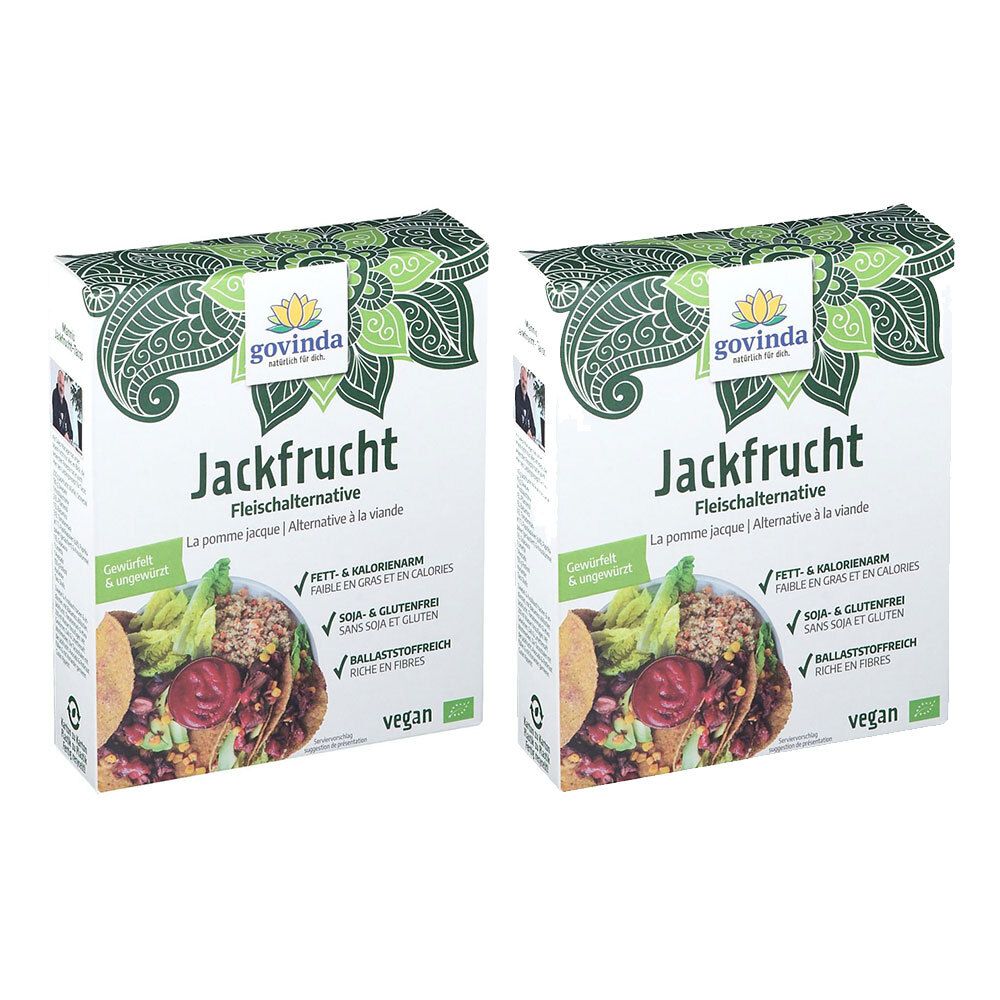 Deux boîtes de Govinda Jackfruit alternative à la viande. Emballage blanc avec logo, nom du produit et image d'un plat. Vegan.