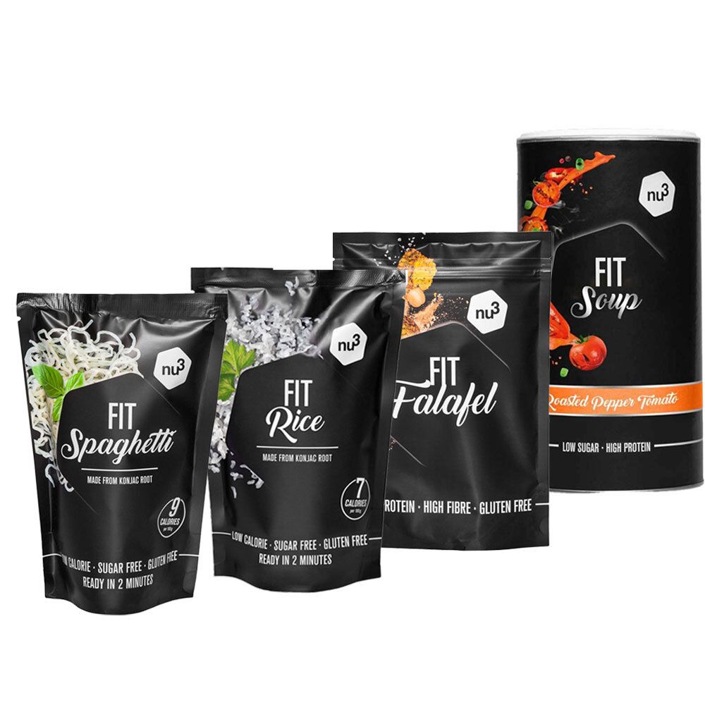 Plusieurs sachets et une boîte avec l'inscription "nu3 FIT". Produits : spaghettis, riz, falafels et soupe. Inscriptions : sans gluten, faible en sucre.