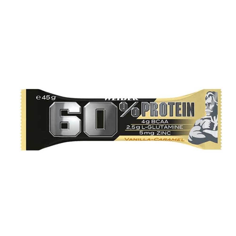 Barre protéinée 60% protéine, Vanilla Caramel. Contient BCAA, glutamine et zinc. Emballage avec logo et informations produit.