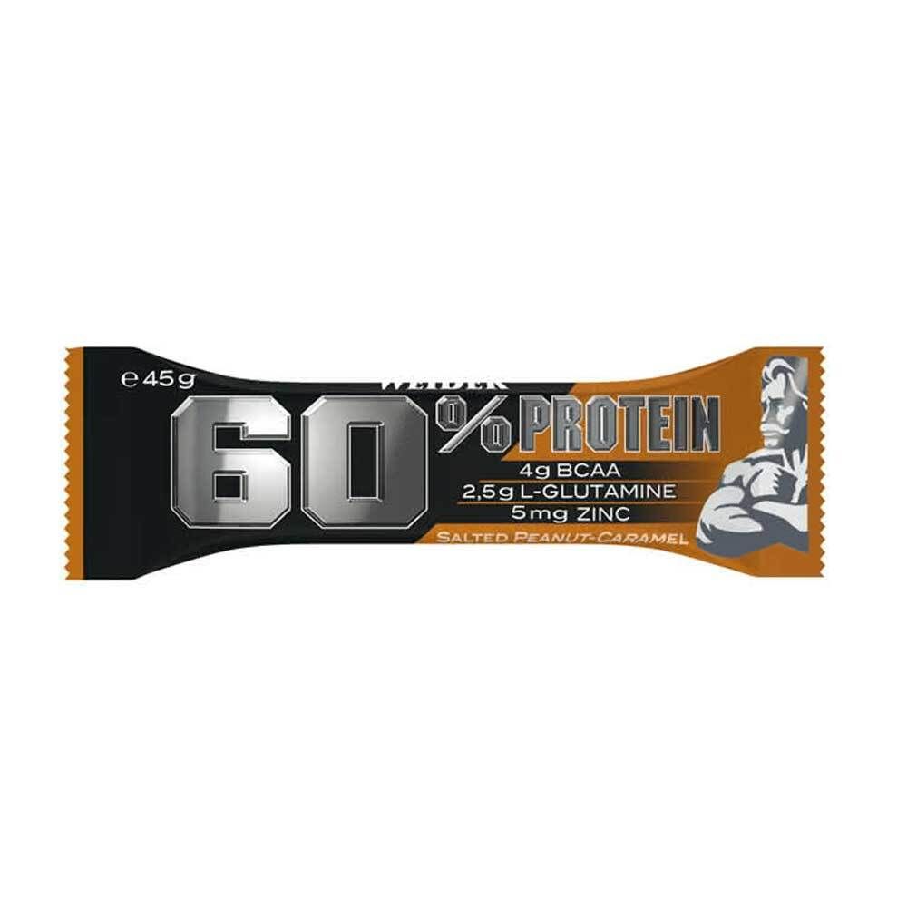 Barre protéinée 60%. Emballage noir et orange. Contient 4g BCAA, 2,5g L-Glutamine et 5mg Zinc. "Salted Peanut Caramel".