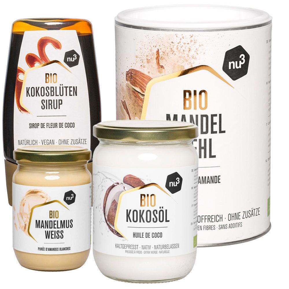 Quatre produits nu3 BIO : sirop de fleur de coco, beurre d'amandes blanches, huile de coco et farine d'amandes. Emballage varié.