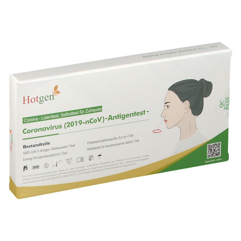 Boîte "Hotgen" pour autotest antigénique. Inscription "Coronavirus". Illustration d'une femme. Emballage blanc et vert avec détails jaunes.