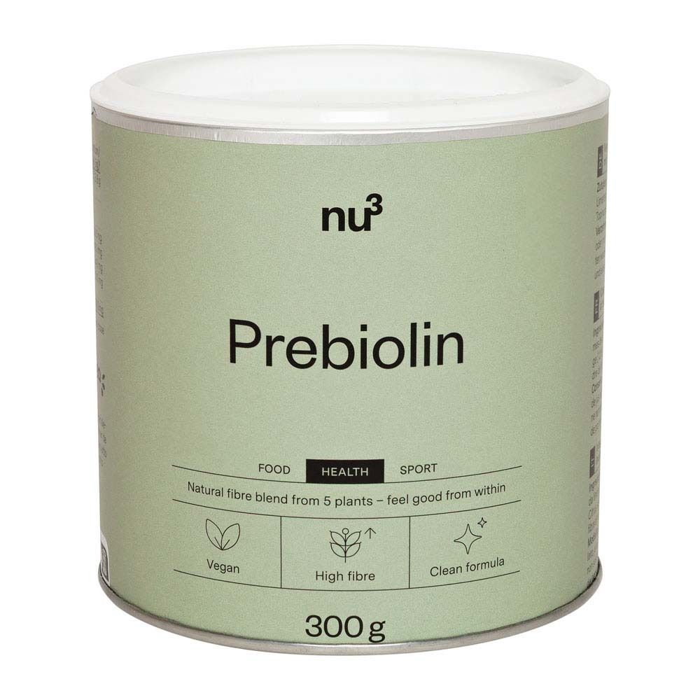 Boîte verte avec couvercle blanc. Inscription "nu3 Prebiolin". Contient 300g. Végétalien, riche en fibres, 100% pur.