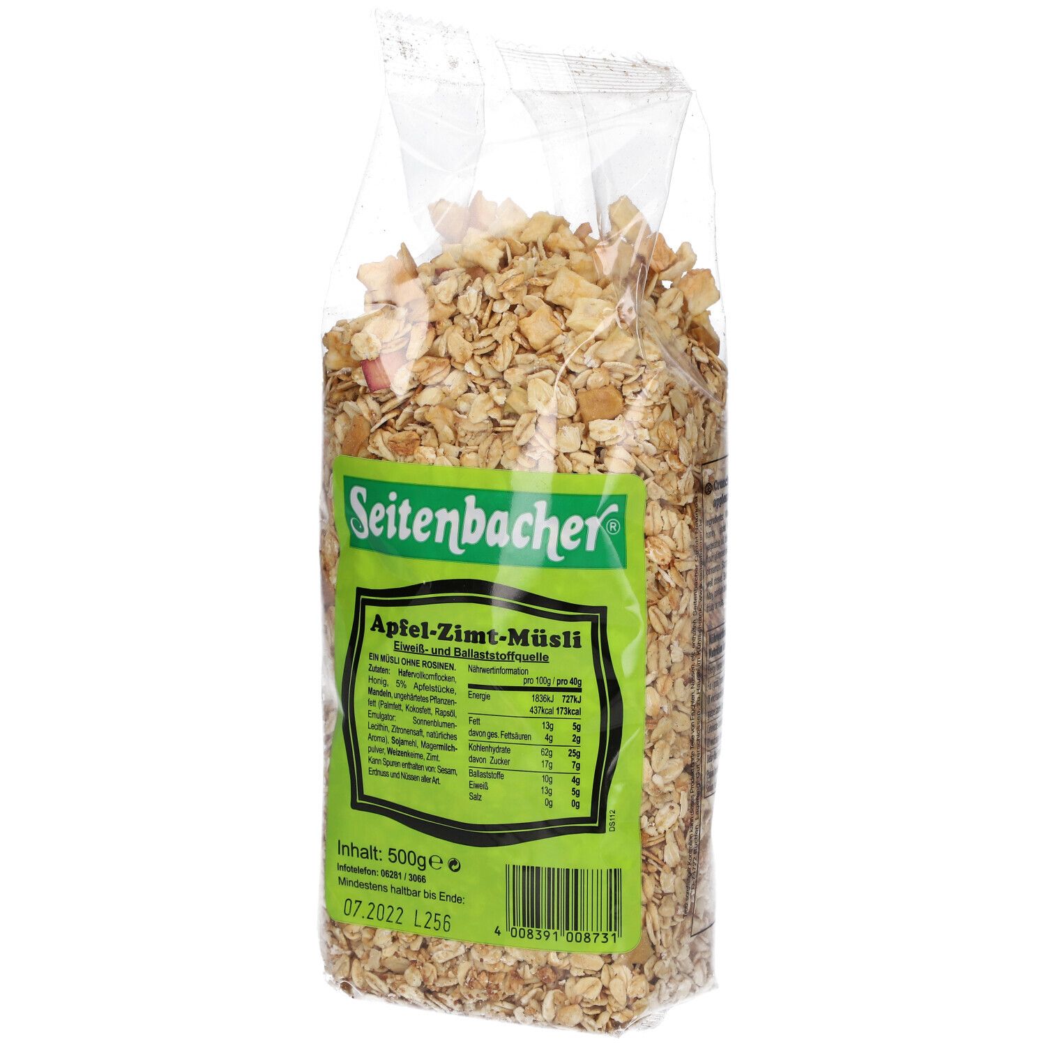 Sachet transparent de Muesli Pomme-Cannelle Seitenbacher. Étiquette verte avec informations. Contenu: 500g.