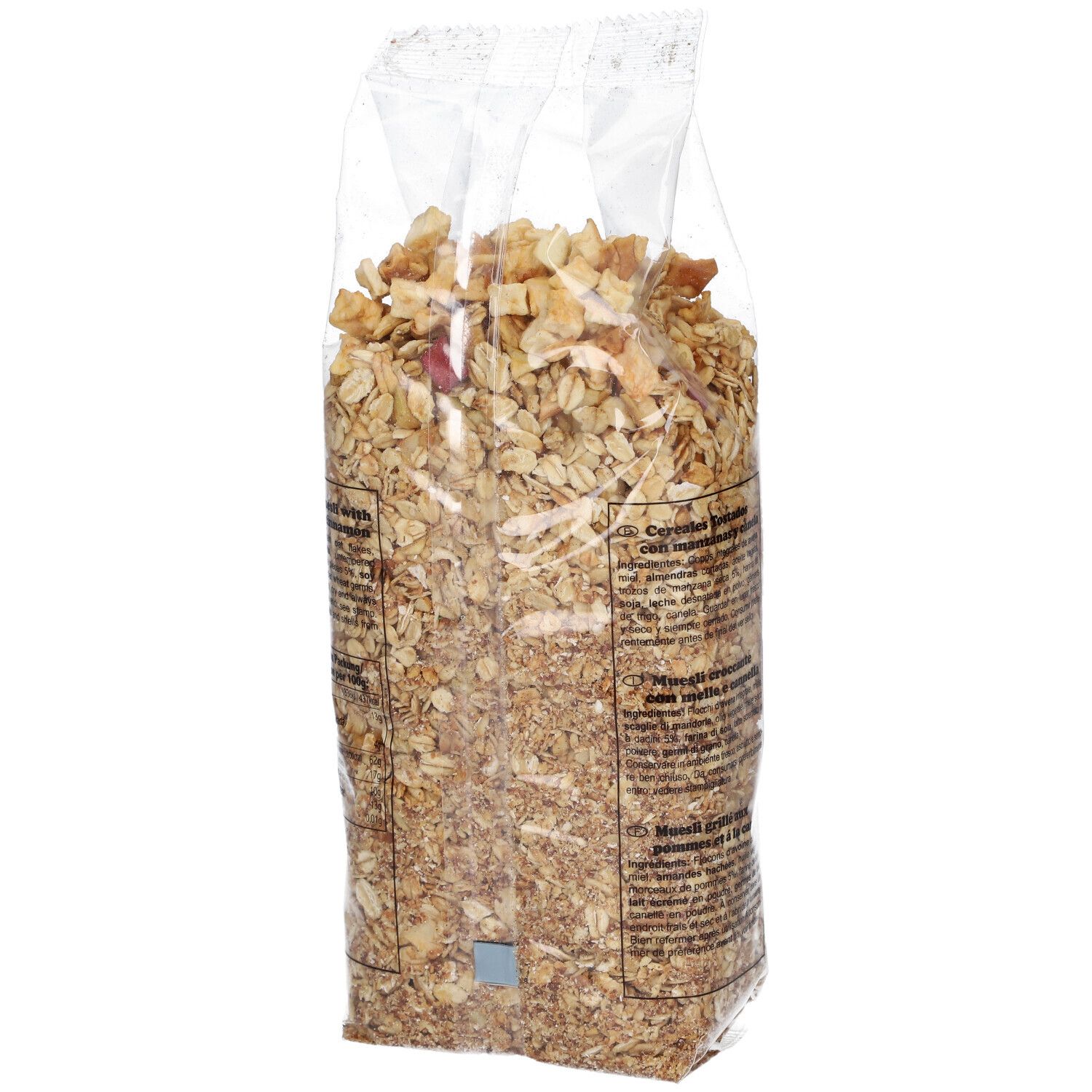 Dos d'un sachet transparent de Muesli Pomme-Cannelle Seitenbacher. Informations textuelles sur l'étiquette.