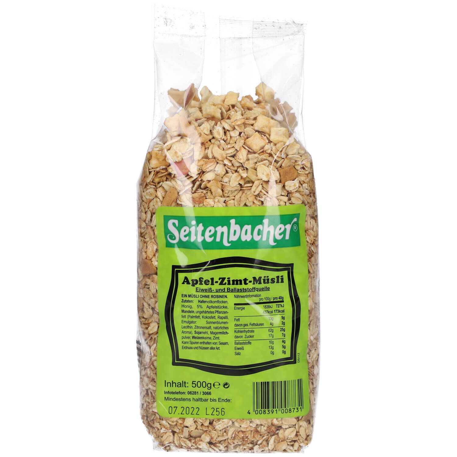 Sachet transparent de Muesli Pomme-Cannelle Seitenbacher. Étiquette verte avec informations. Contenu: 500g.