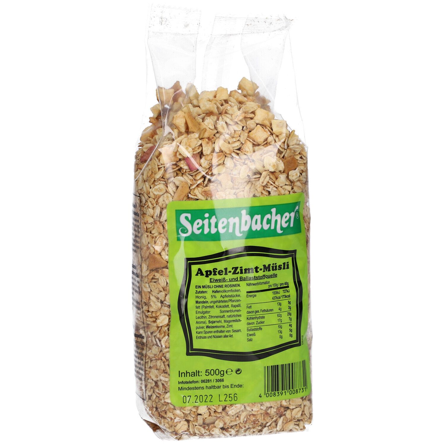 Sachet transparent de Muesli Pomme-Cannelle Seitenbacher. Étiquette verte avec informations. Contenu: 500g.