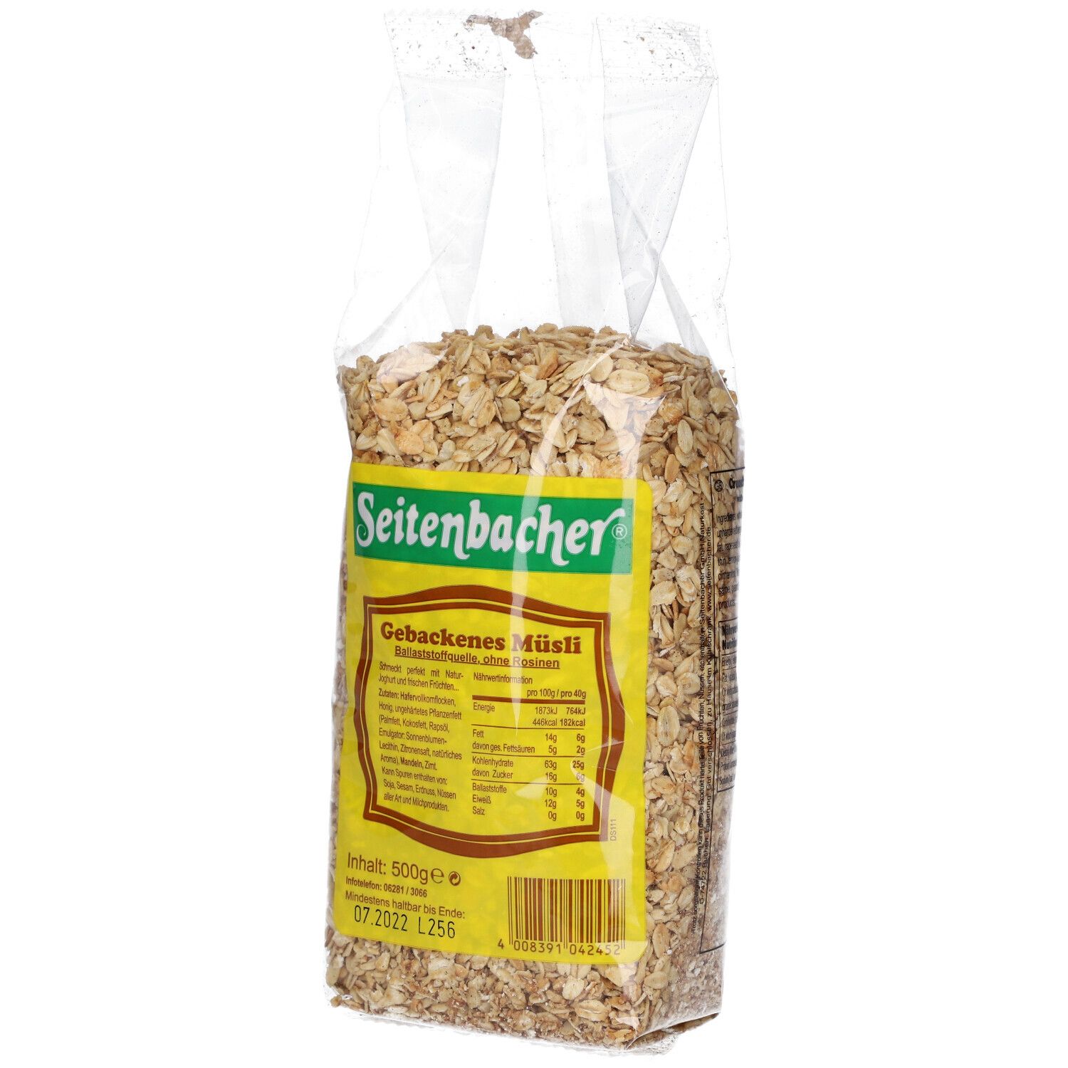 Sachet transparent de Muesli Gebackenes Seitenbacher. Étiquette jaune avec informations produit. Contenu 500g.