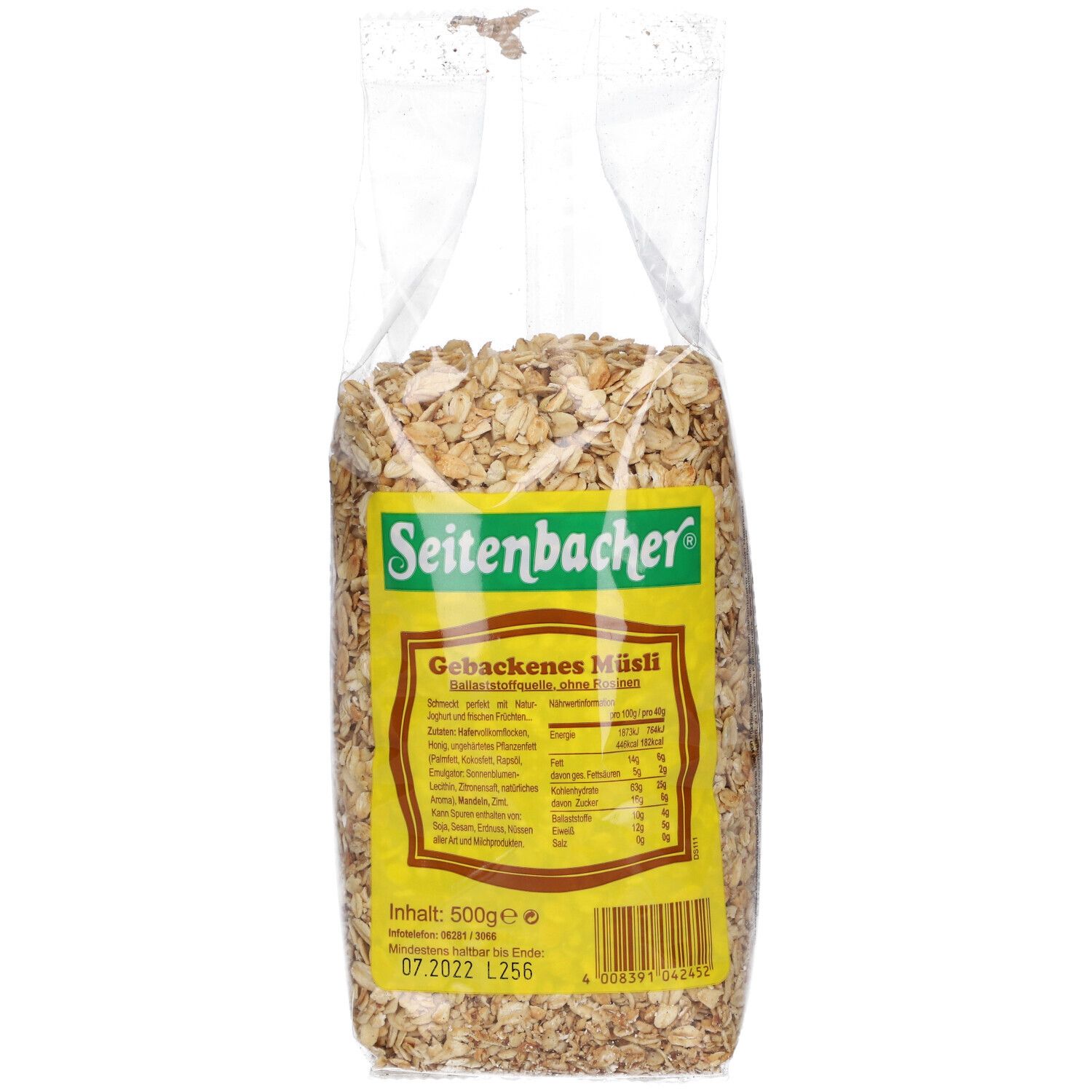 Sachet transparent de Muesli Gebackenes Seitenbacher. Étiquette jaune avec informations produit. Contenu 500g.