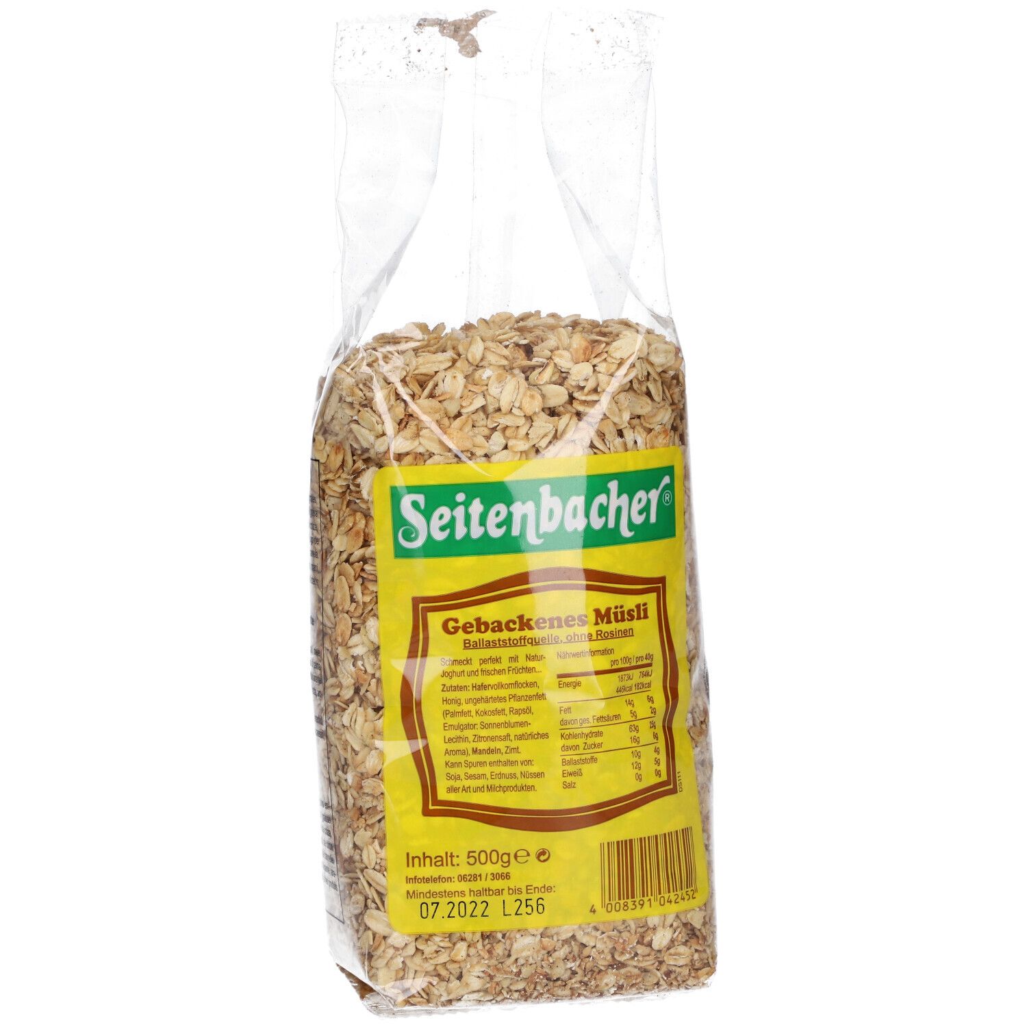 Sachet transparent de Muesli Gebackenes Seitenbacher. Étiquette jaune avec informations produit. Contenu 500g.