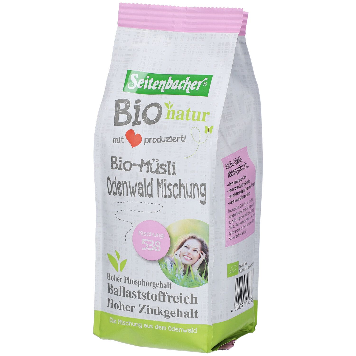 Paquet de Muesli Bio Odenwald Mischung de Seitenbacher. Vert, blanc, rose. Texte : Bio-Muesli, riche en phosphore, en fibres, en zinc.