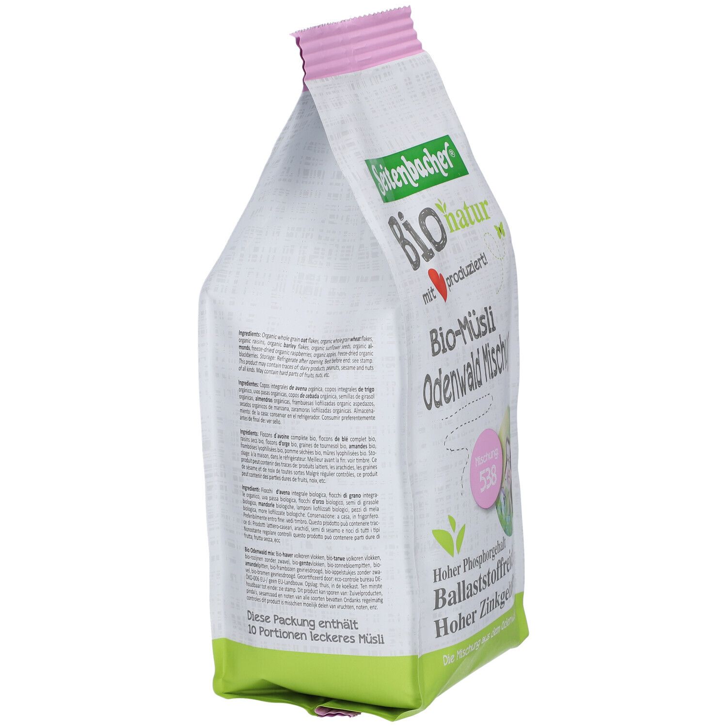 Emballage de Muesli Bio Odenwald Mischung de Seitenbacher. Vue latérale. Texte : Bio-Muesli, riche en phosphore, en fibres, en zinc. Liste des ingrédients.