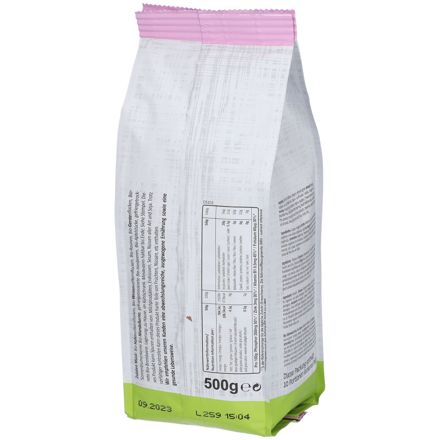 Dos de l'emballage de Muesli Bio Odenwald Mischung de Seitenbacher. Texte : informations nutritionnelles, 500g, date de péremption.
