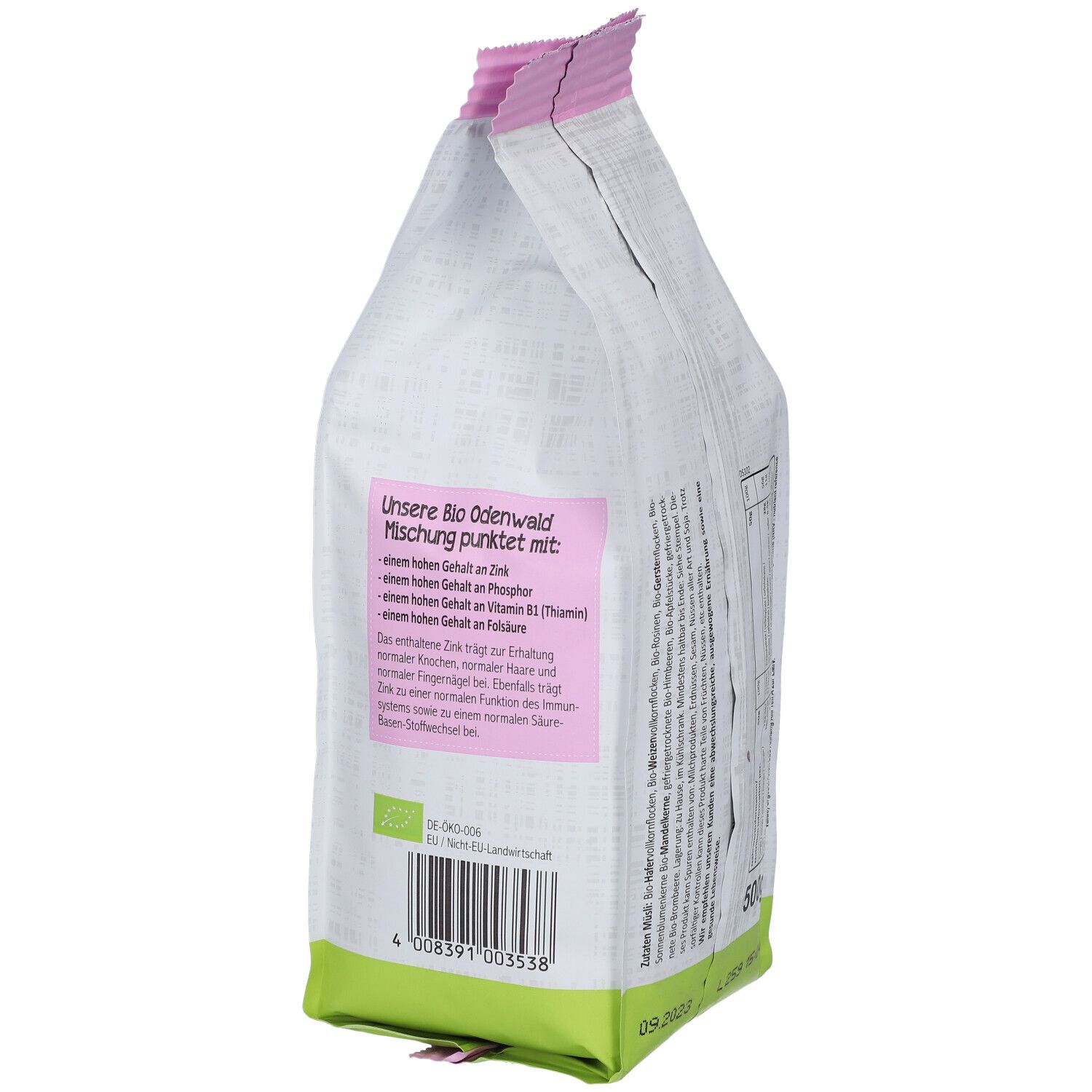 Dos de l'emballage de Muesli Bio Odenwald Mischung de Seitenbacher. Texte : avantages du muesli, label bio.
