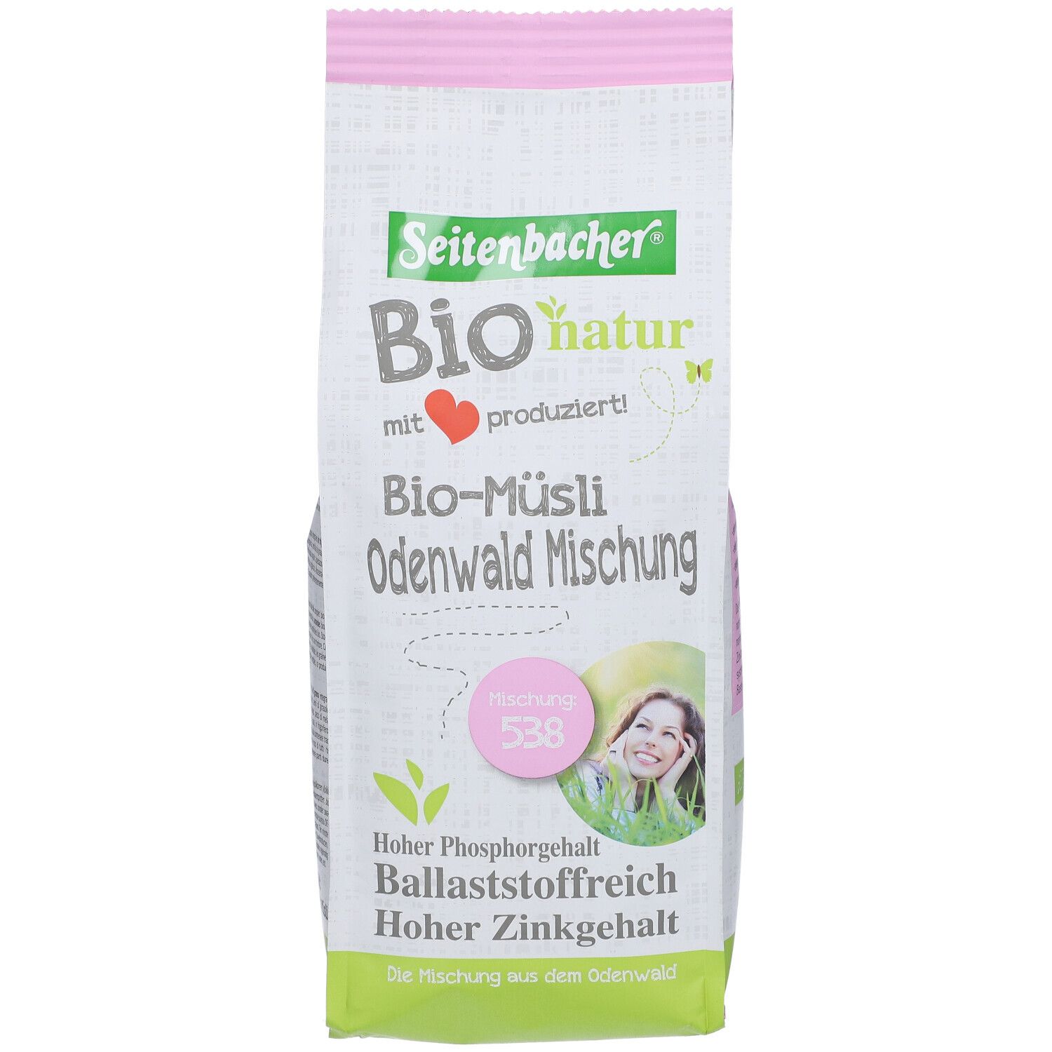 Paquet de Muesli Bio Odenwald Mischung de Seitenbacher. Vert, blanc, rose. Texte : Bio-Muesli, riche en phosphore, en fibres, en zinc.