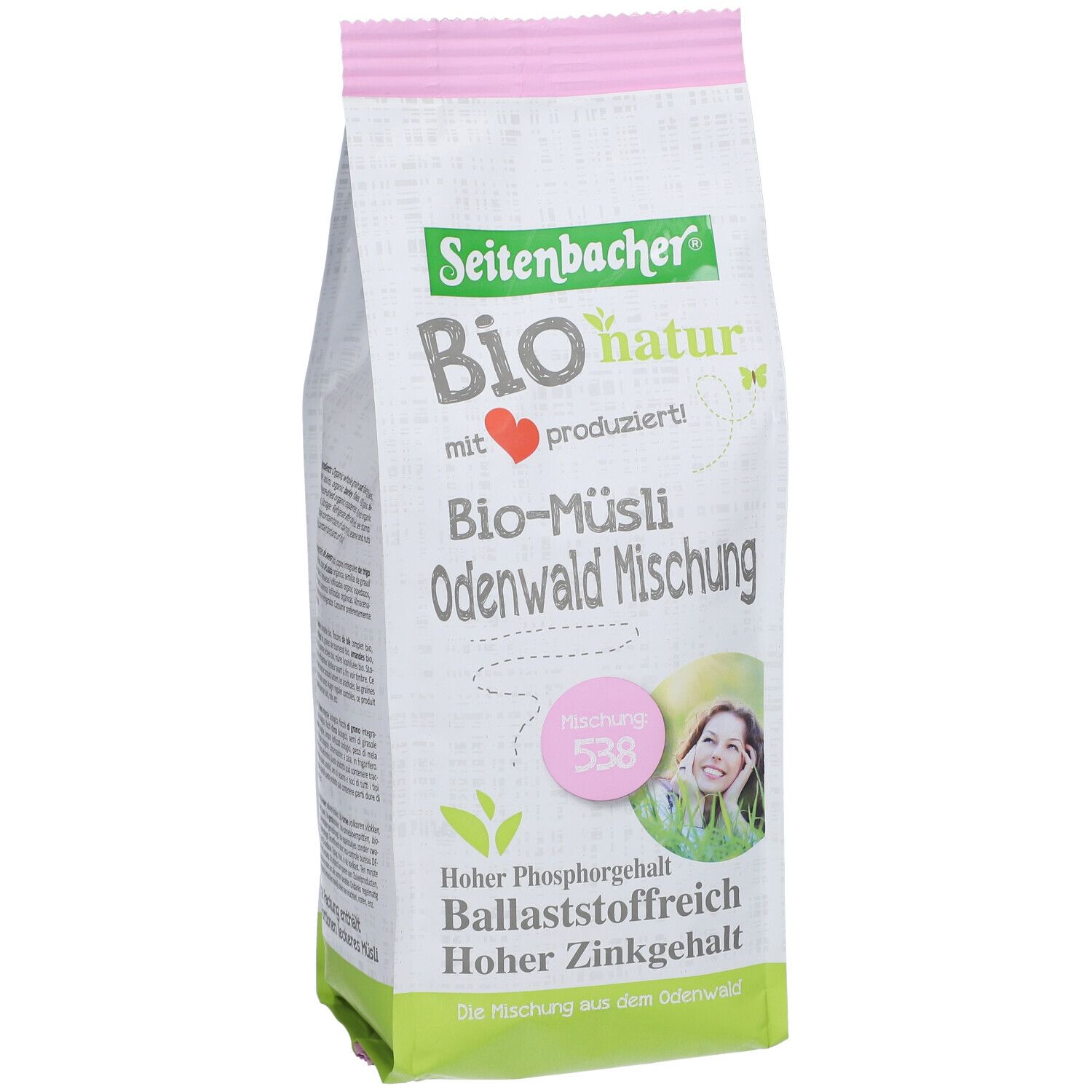 Paquet de Muesli Bio Odenwald Mischung de Seitenbacher. Vert, blanc, rose. Texte : Bio-Muesli, riche en phosphore, en fibres, en zinc.