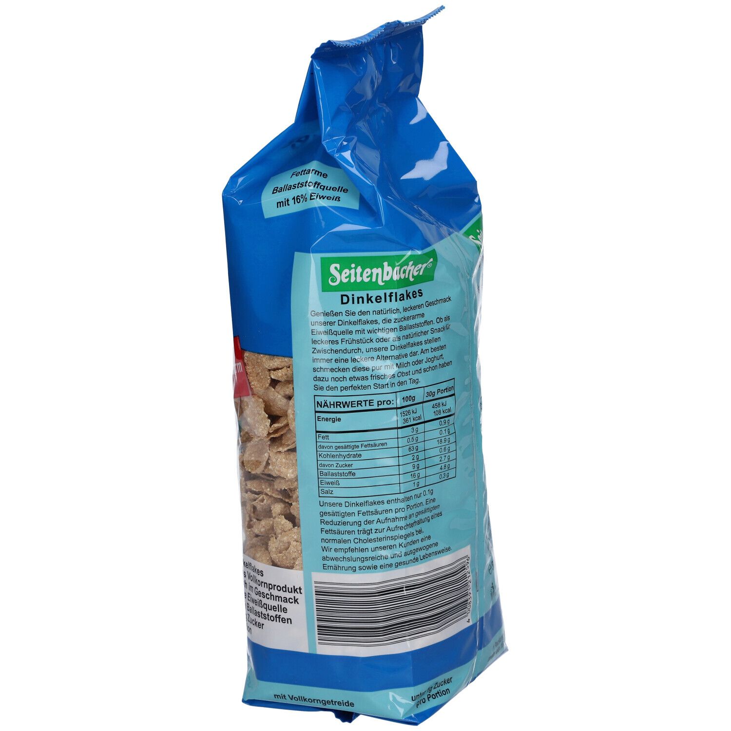 Vue oblique du paquet de Dinkelflakes. Sac bleu avec informations sur le produit et informations nutritionnelles.