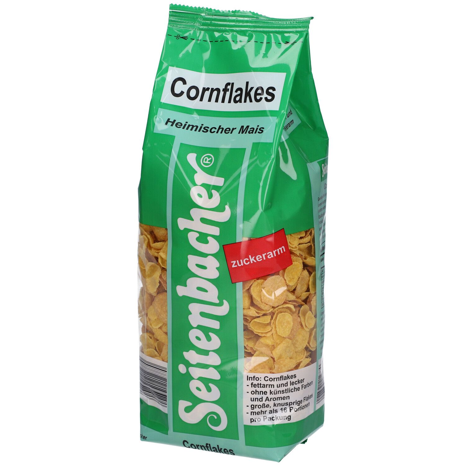 Paquet de Cornflakes Seitenbacher. Emballage vert transparent avec céréales. Inscription : faible en sucre, maïs local.