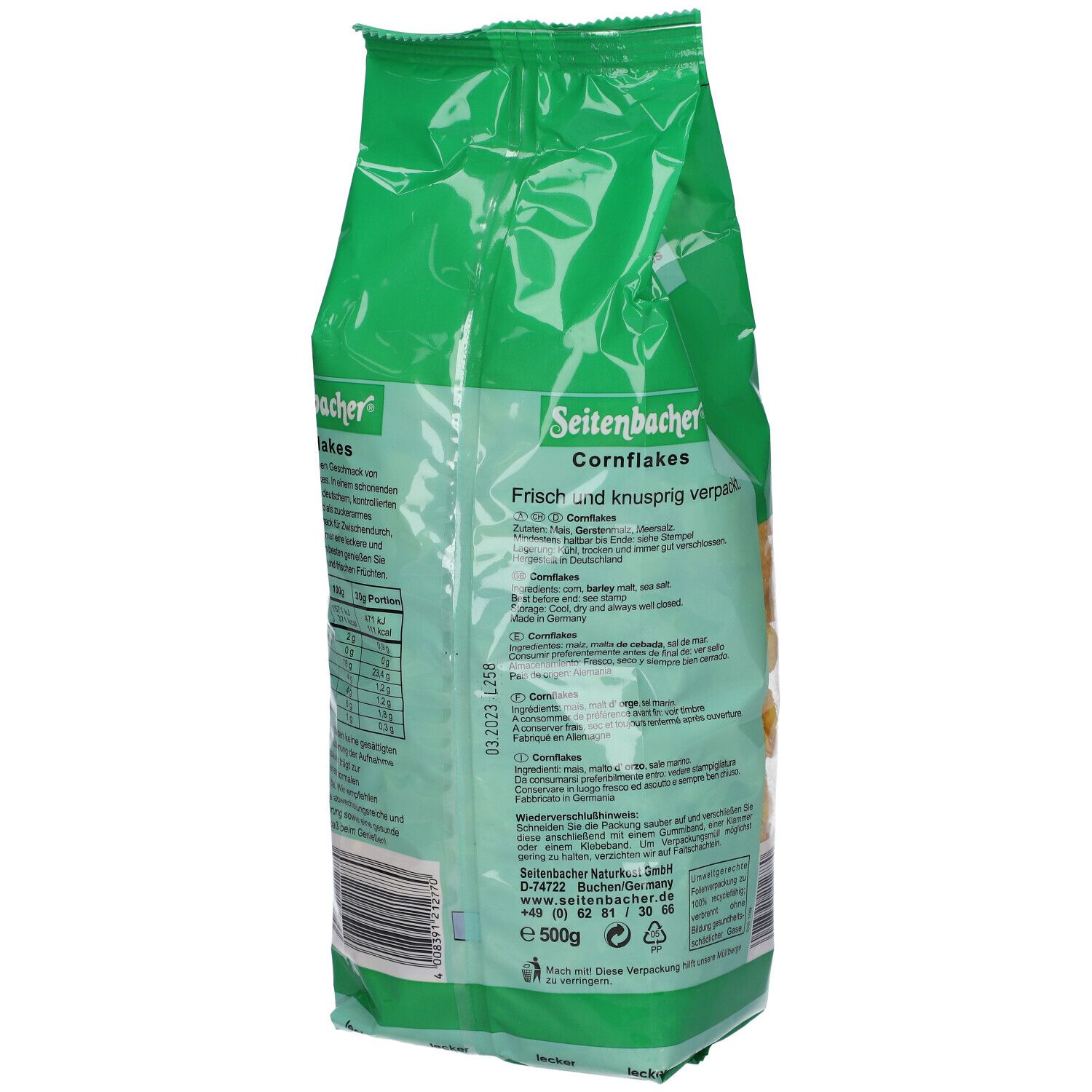 Dos du paquet de Cornflakes Seitenbacher. Emballage vert avec informations nutritionnelles et fabricant. Inscription : Cornflakes.