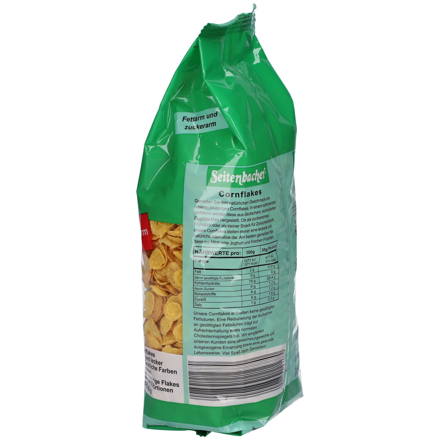 Côté du paquet de Cornflakes Seitenbacher. Emballage vert avec informations nutritionnelles. Inscription : faible en gras et en sucre.