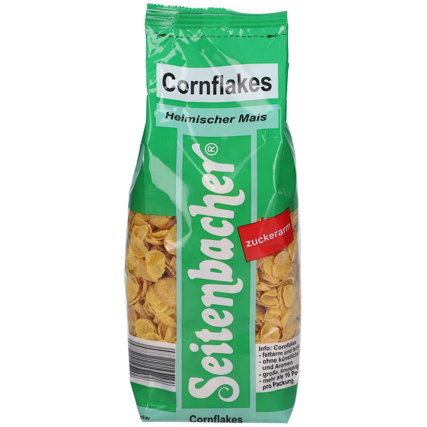 Paquet de Cornflakes Seitenbacher. Emballage vert transparent avec céréales. Inscription : faible en sucre, maïs local.