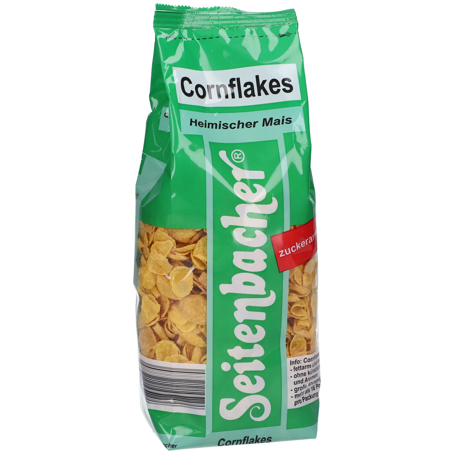 Paquet de Cornflakes Seitenbacher. Emballage vert transparent avec céréales. Inscription : faible en sucre, maïs local.