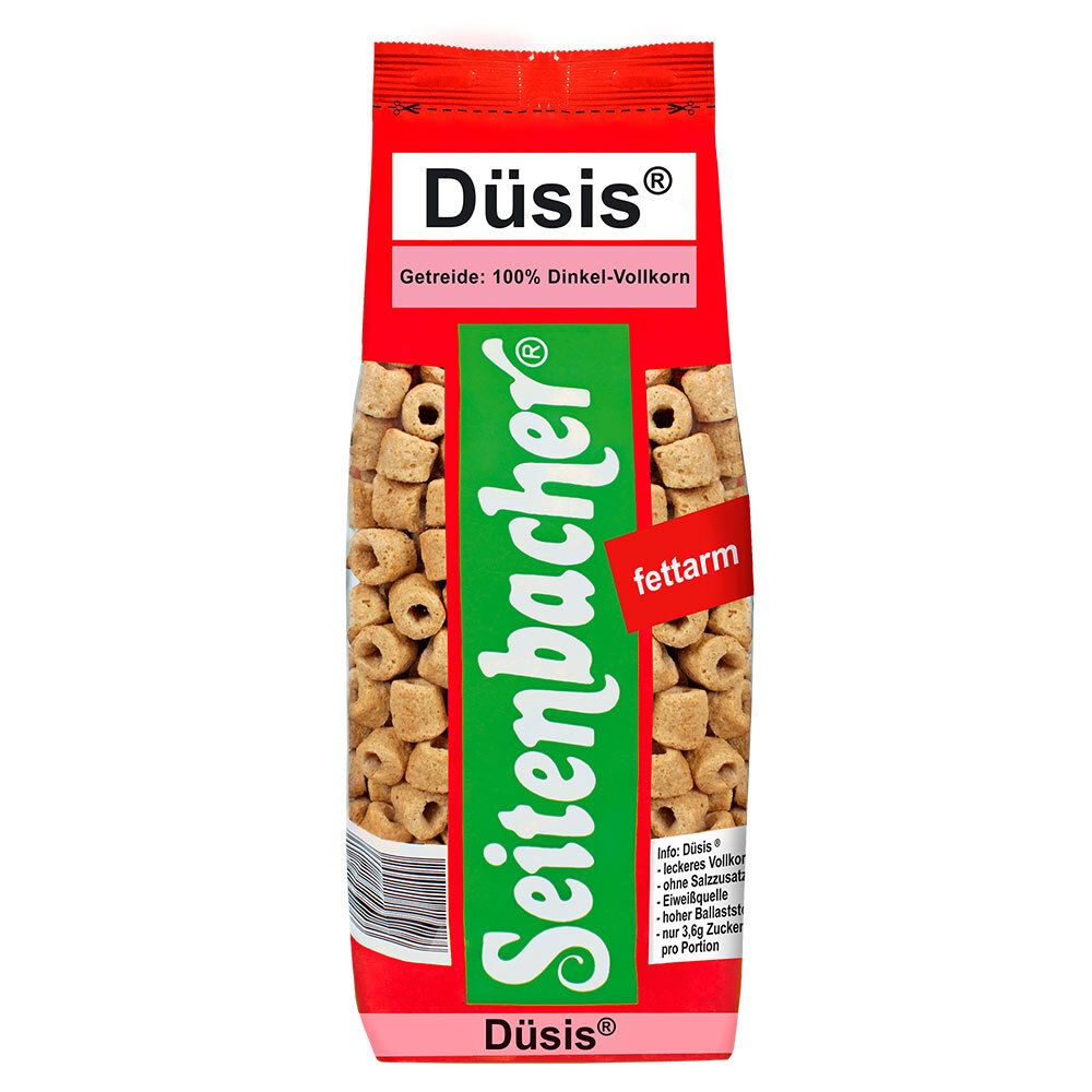 Paquet rouge "Düsüs®". Céréales : 100% blé complet. Logo Seitenbacher. Mention faible en gras. Céréales en forme d'anneaux.