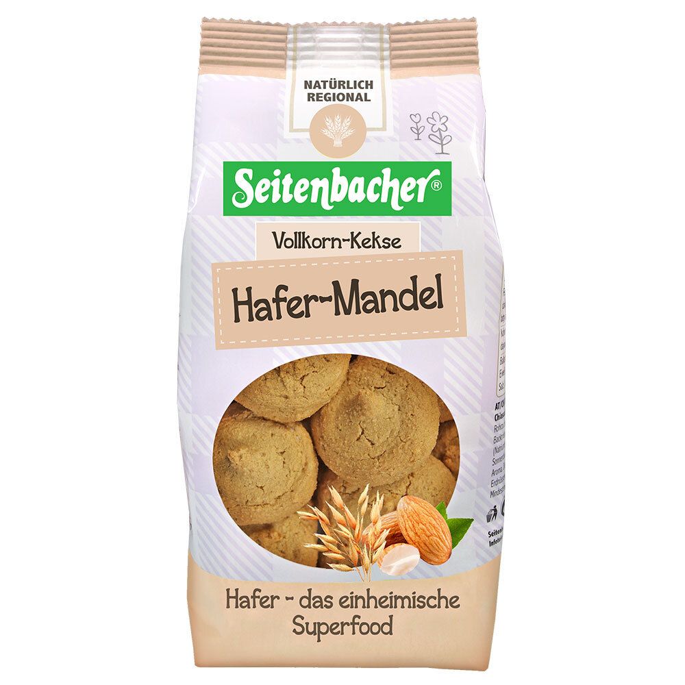 Paquet de biscuits. Inscription: Seitenbacher Vollkorn-Kekse Hafer-Mandel. Visible: biscuits, avoine, amande.