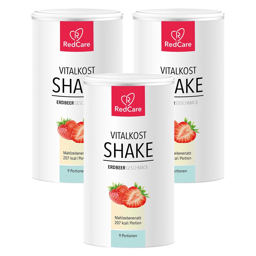 Trois boîtes de RedCare Vitalkost Shake goût fraise. Boîtes blanches avec couvercle rouge et image de fraises.